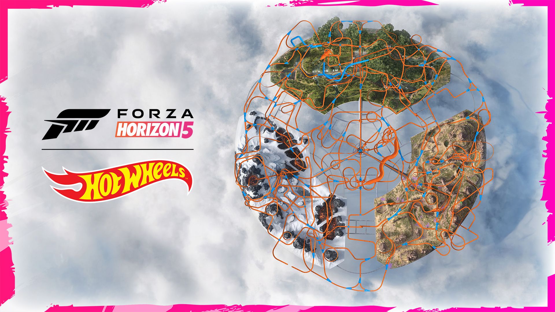 A top down view of the Forza Horizon 5: Hot Wheels game map featuring Forest Falls, Giant's Canyon and Ice Cauldron all interconnected via the Horizon Nexus.