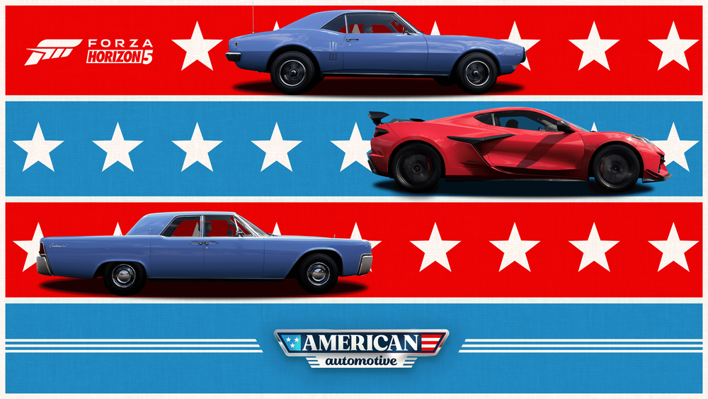 Three cars in front of a red and blue background with white stars