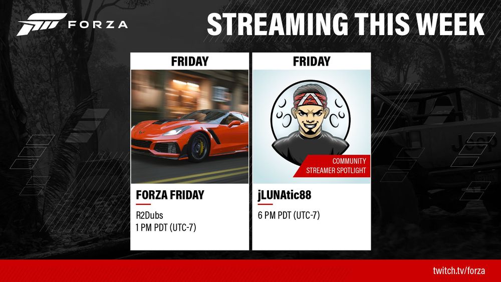 Twitch streaming schedule for the week of June 27 showing official Forza Friday livestream and community stream host jLUNAtic88.