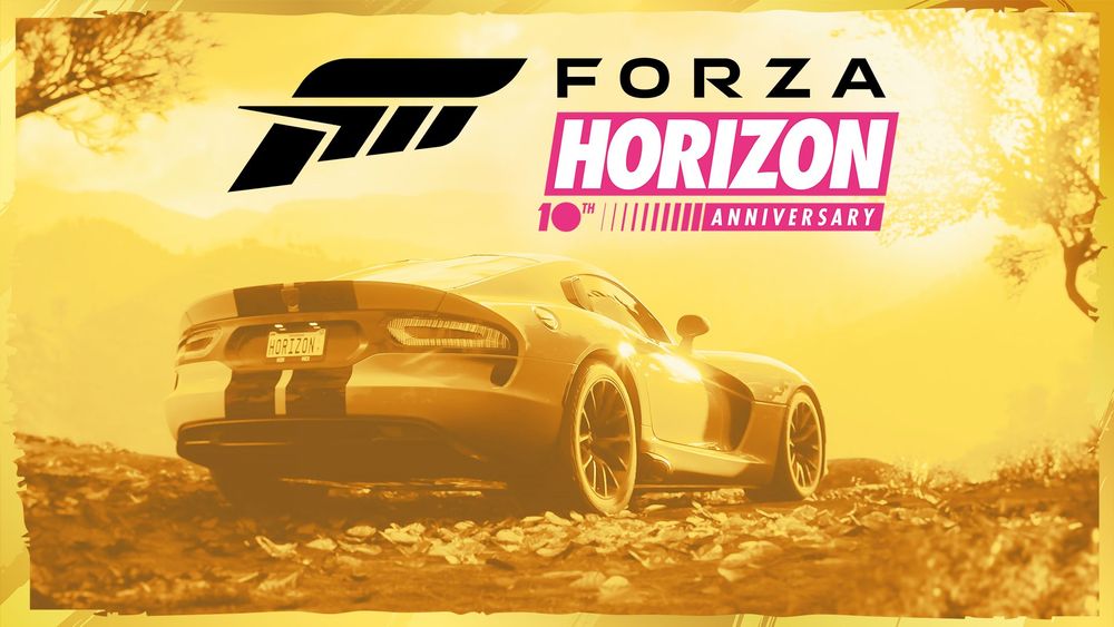 Golden banner image celebrating the Forza Horizon 10 Year Anniversary with a special logo and 2013 Dodge SRT Viper GTS parked on a Mexican off-road trail surrounded by foliage and hills.