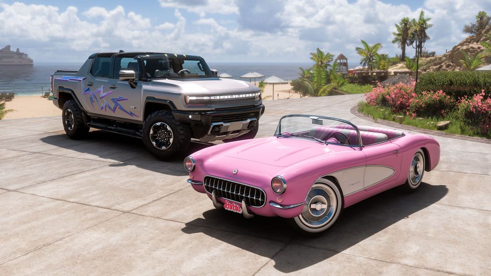The Barbie iconic pink 1956 Chevrolet Corvette EV and the Ken 2022 GMC HUMMER EV Pickup.