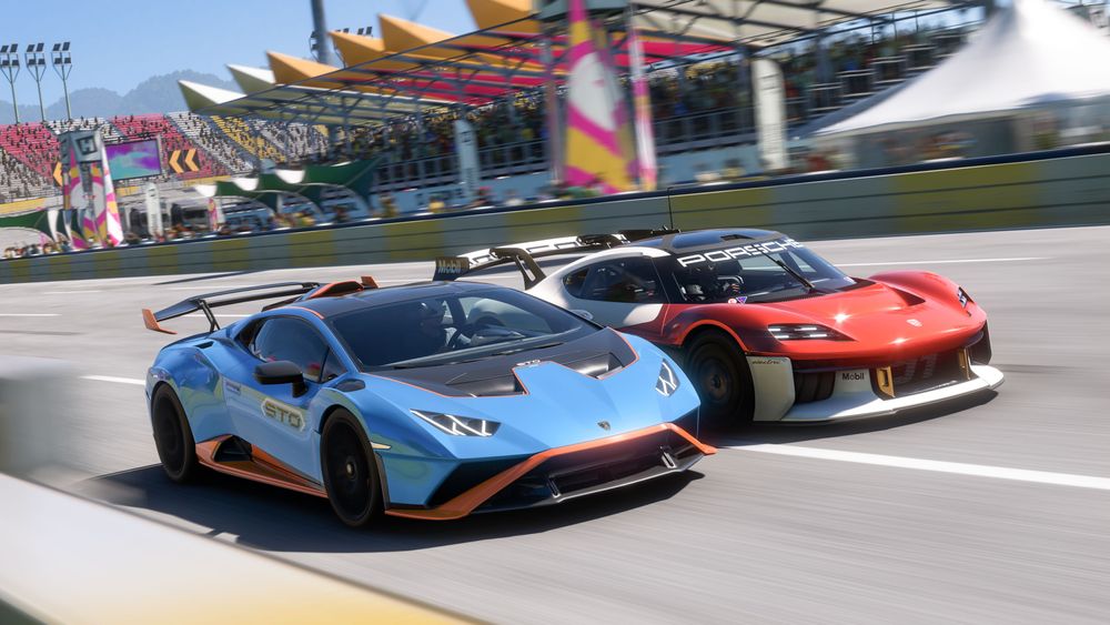  Lamborghini Huracán STO and Porsche Mission R side by side on a racetrack