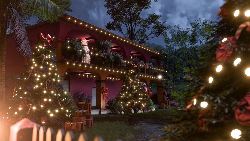 Festive trees, lights and decorations at the red two-story Player House in Ek' Balam.