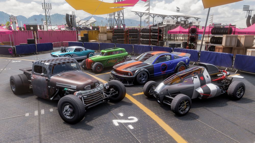 Forza Horizon 5 Hot Wheels expansion cars poised together.