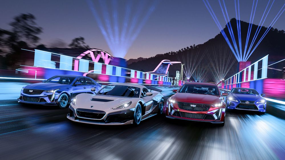 Four cars drive through the neon airfield including the silver 2021 Rimac Nevera, the red 2022 Cadillac CT5-V Blackwing, the blue 2021 Lexus LC 500 and the blue 2022 Cadillac CT4-V Blackwing.