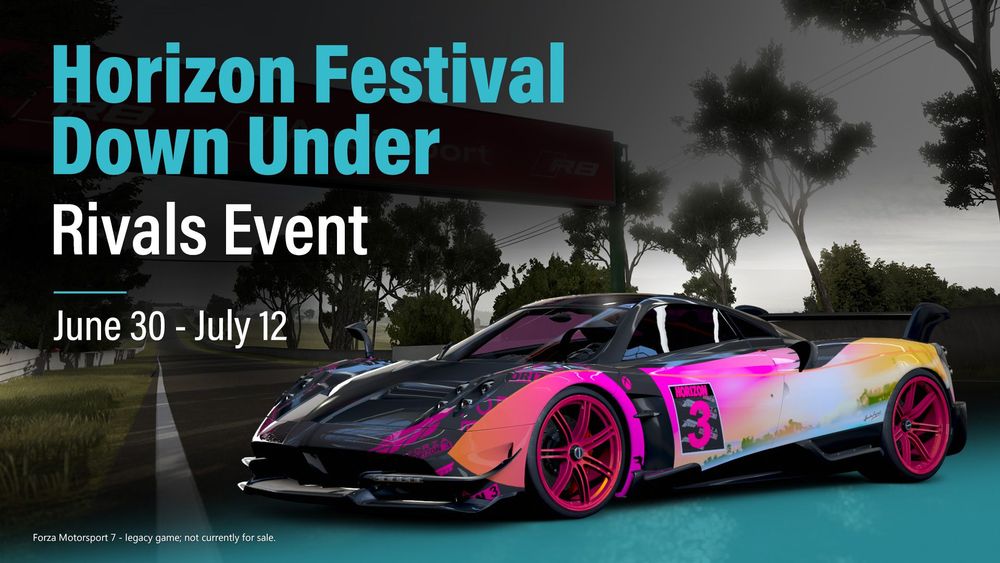 The Horizon Festival Down Under Rivals Event featuring a colorful custom livery prize car.