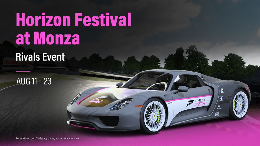 An FM7 Rivals announcement for Horizon Festival at Monza Aug 11-23rd showing a Porsche 918 in a grey and pink Horizon livery.