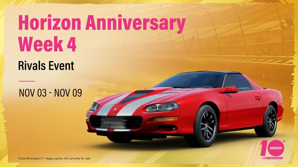 A 2002 red Camaro is shown on the announcement for the Horizon Anniversary Week 4 Rivals Event from November 3rd-9th.