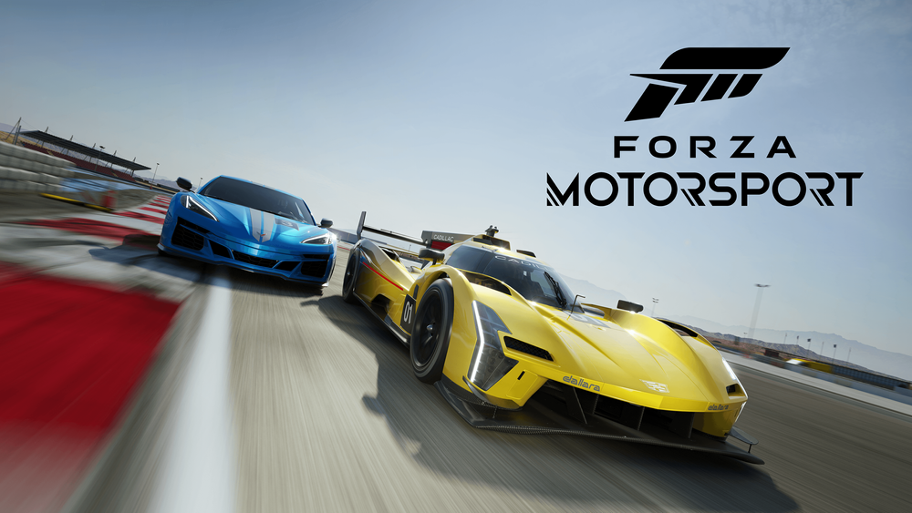 A picture showing the yellow number 01 Cadillac Racing V-Series.R with a blue 2024 Chevrolet Corvette E-Ray just behind it to the left and they are racing on a circuit with clear blue skies above and the Forza Motorsport logo above them and to the right.
