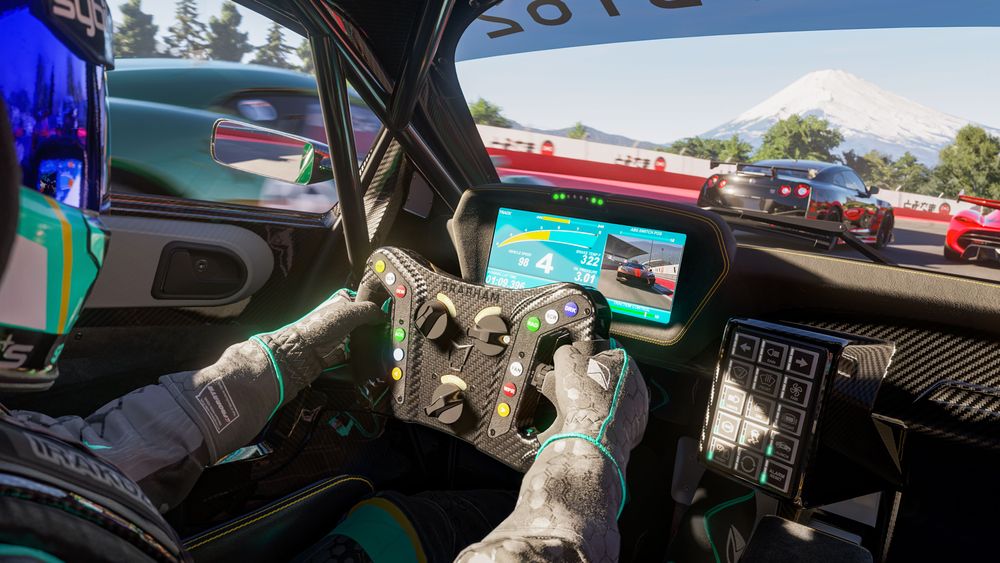 Inside the cockpit of a race car in Forza Motorsport