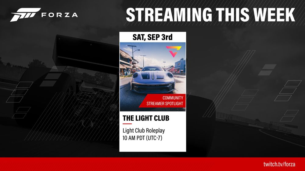 A Twitch tune-in schedule shows a community stream on Saturday Sep 3rd.