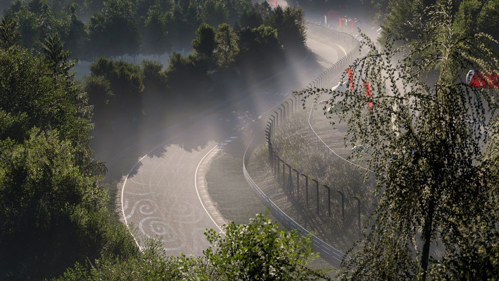 The Nordschleife race track covered in mist and surrounded by trees