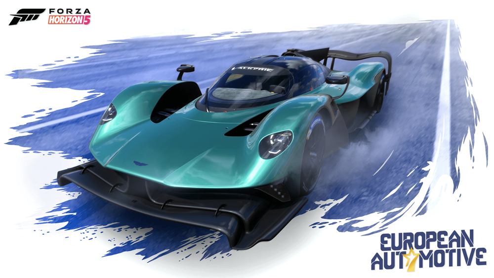 Aston Martin Valkyrie running on top of a blue road