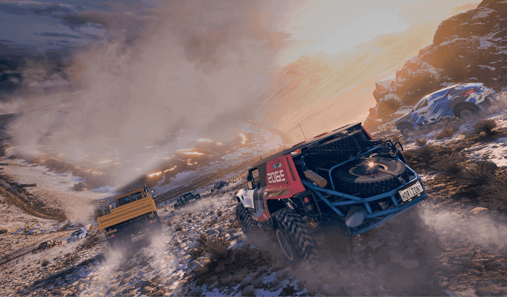 Offroaders race down the side of a mountain in FH5.