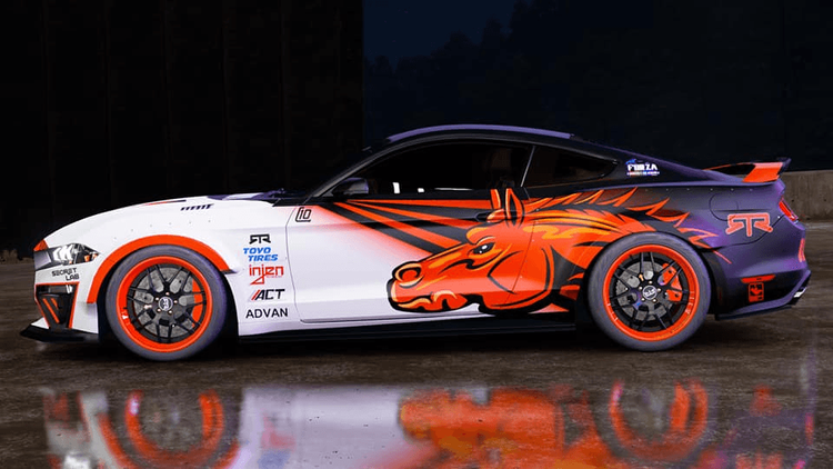 A mustang themed livery on a modern Mustang.