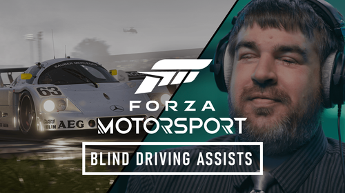 Blind Driving Assists video thumbnail featuring silver 1989 Mercedes-Benz #63 Sauber-Mercedes C 9 on the left of the image, and Accessibility Consultant and Blind gamer, Brandon Cole on the right of the image.