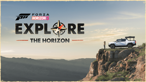 Pick up truck on top of a cliff with the Explore The Horizon label