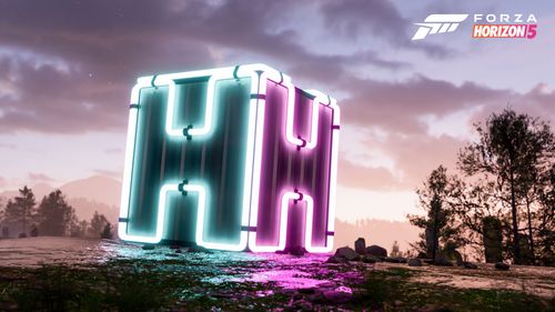 The green and pink 3D Neon Horizon Cube Collectible reflects on the surface as the sun begins to set.