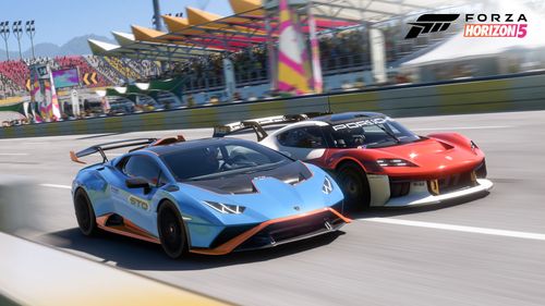 Lamborghini Huracán STO and Porsche Mission R side by side on a racetrack