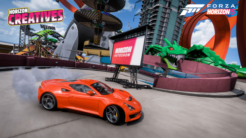 A car performing a drift through a roundabout that has been decorated with a dragon. The track also features buildings, a Forza Horizon sign, and more props