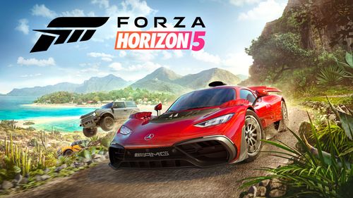 Forza Horizon 5 game cover art featuring red Mercedes-AMG ONE and a pair of Ford Broncos as they drive through the diverse open world landscapes of Mexico featuring green hills, sandy beaches, blue water, cream coloured rocks, a blue sky with white clouds