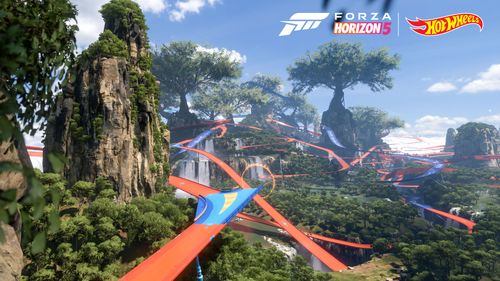 Orange Hot Wheels tracks interconnect and loop around the dense forestry of the jungle region of Tree Tops.