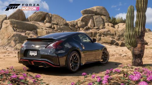 A black Nissan 370Z Nismo is parked in the desert by pink flowers, a green cactus and large rocks.