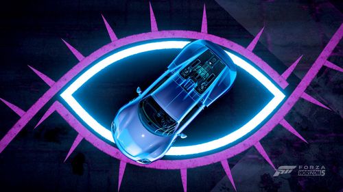 A car parked on top of a road decorated with neon lights that resemble an eye