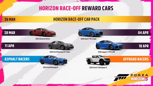 Six reward cars in two lines of three next to their release dates