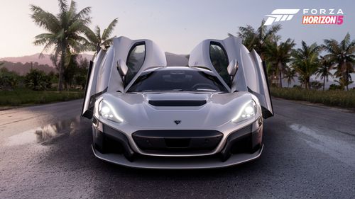 The silver 2021 Rimac Nevera with its gulf-wing doors open, parked on a road surrounded by palm trees.