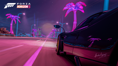 Car driving under neon lights on a highway with palm trees and street lights 