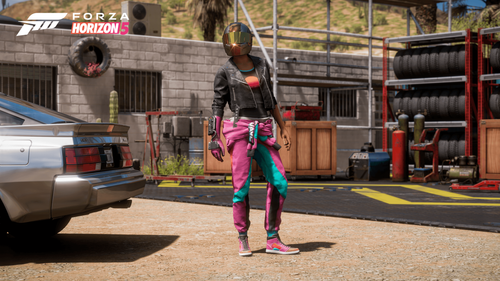 Female figure standing next to a car wearing a helmet and a racing pink racing suit with a glove on her right hand