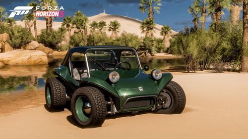 A Meyers Manx sand boogie parked in front of a small oasis in the middle of the desert surounded  by palm trees