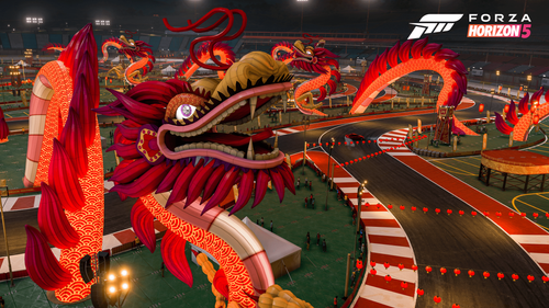 The Dragon head, body, and tail props scattered around a racing track