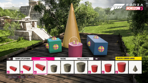 A cone, cube, prism, and cylinder shown on top of a wooden boardwalk with smaller icons on the bottom with different shapes