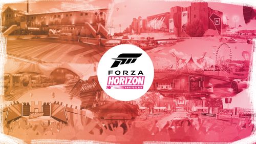 A collage of Horizon Festivals over the years with a reddish tint and Forza Horizon branding.