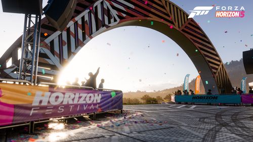 Forza Horizon 2 Southern Europe inspired Festival arch entrance. The Horizon Festival is written on a colorful fence.