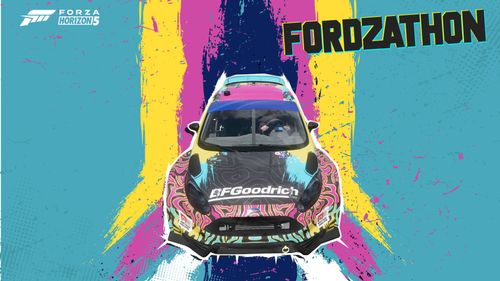 Fordzathon graphic featuring dark blue, pink and yellow stripes and light blue background.