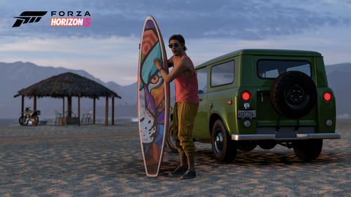 Male character holding a surf board at night