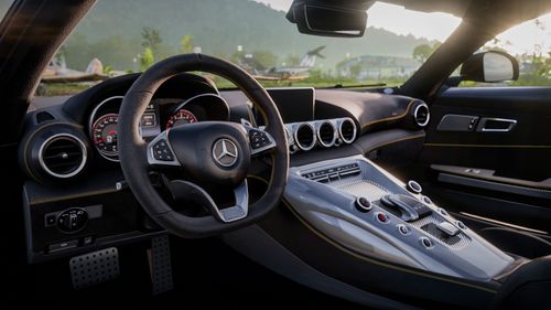 A view into the cabin of a Mercedes in Forza Motorsport.