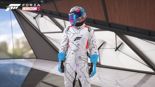 Driver wearing a racing white racing suit with pink details and white gloves. He is also wearing a colorful helmet