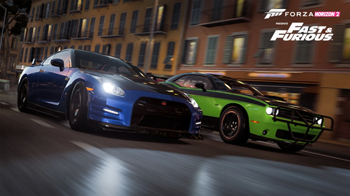 A dark blue Nissan GT-R R35 and light green Dodge Challenger drive through Forza Horizon 2's Nice during night-time.