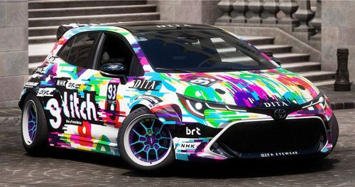 A small hatchback decorated with a livery featuring colors and text that reads "Glitch"