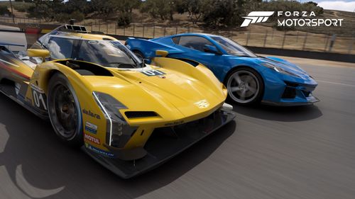 Yellow 2023 No.01 Cadillac Racing V-Series.R and the blue 2024 Chevrolet Corvette E-Ray road car.  They are driving at speed, side by side, travelling from the left side of the image and face to the right side of the image.