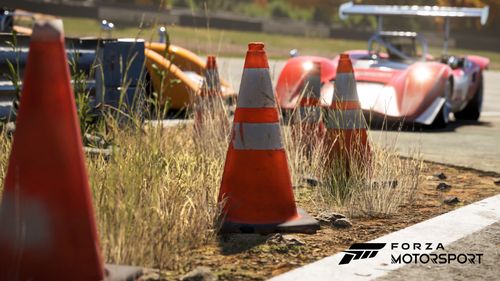 A series of orange and white cones showcasing Maple Valley trackside detail, featuring the 1969 McLaren #4 McLaren Cars M8B and the 1969 Lola #10 Simoniz Special T163 in the background. 