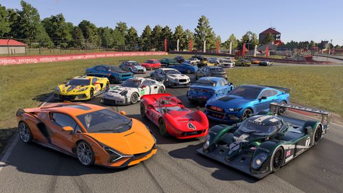 A variety of both road-going and racing cars parked on a race track in tight quarters. There are cars from Bentley, Audi, Nissan, Dodge, Lamborghini, Ford, Porsche, Chevrolet, Alpine and more. There are dozens of cars all facing different directions.