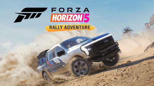 The Ford F-150 Lightning in a lightning inspired blue, red and white livery drives past solar panels kicks up the dust surrounded by sand. A blue sky covers in the background with the Forza Horizon 5 Rally Adventure logo.