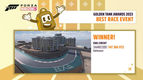 A screenshot of the winner for Best Race Event inside a golden square over a yellow background