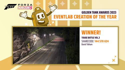 A screenshot of the winner for EventLab Creation of the Yearinside a golden square over a yellow background