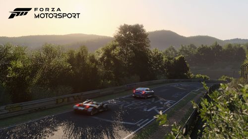 Two cars racing through the Nurburgring race track on a sunny afternoon
